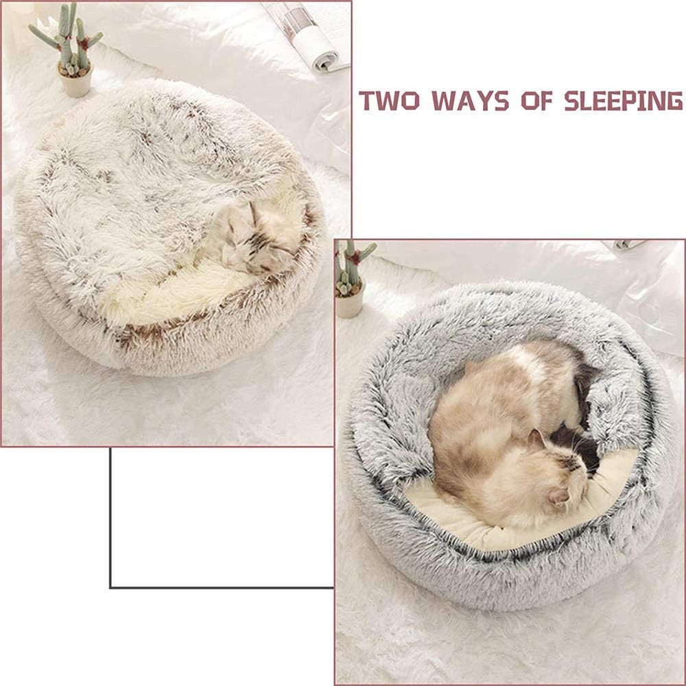 Lit Rond Moelleux pour Chat - en Peluche Douce - avec Capuche - pour l'hiver - Antidérapant - Lavable en Machin,Café,50 cm