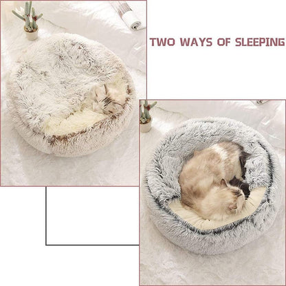 Lit Rond Moelleux pour Chat - en Peluche Douce - avec Capuche - pour l'hiver - Antidérapant - Lavable en Machin,Café,50 cm