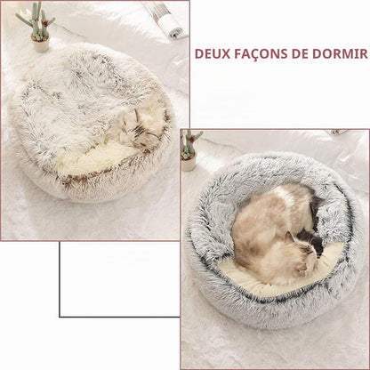 Lit Rond Moelleux pour Chat - en Peluche Douce - avec Capuche - pour l'hiver - Antidérapant - Lavable en Machin,Café,50 cm