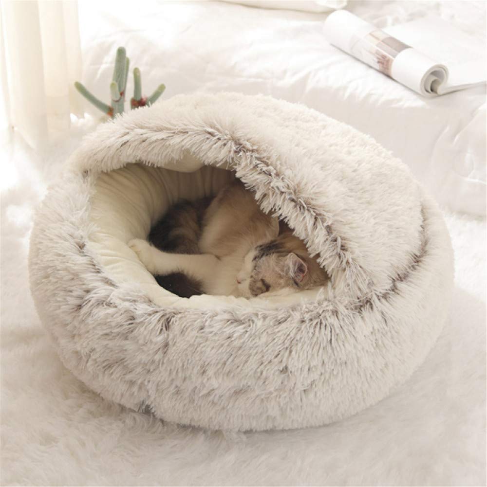 Lit Rond Moelleux pour Chat - en Peluche Douce - avec Capuche - pour l'hiver - Antidérapant - Lavable en Machin,Café,50 cm