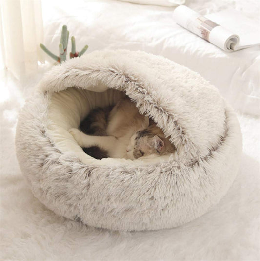 Lit Rond Moelleux pour Chat - en Peluche Douce - avec Capuche - pour l'hiver - Antidérapant - Lavable en Machin,Café,50 cm