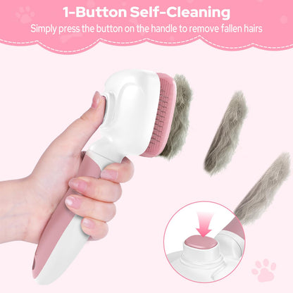 Zivacate Brosse Chat Brosse Chien, Idéale pour Poils Longs et Courts, Épilation en Un Clic, Autonettoyante, Élimine les Poils Morts, Manche Antidérapant, Accessoires Animaux - Rose-Blanc