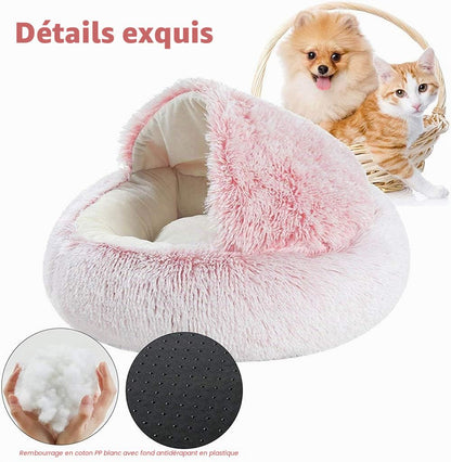 Lit Rond Moelleux pour Chat - en Peluche Douce - avec Capuche - pour l'hiver - Antidérapant - Lavable en Machin,Café,50 cm