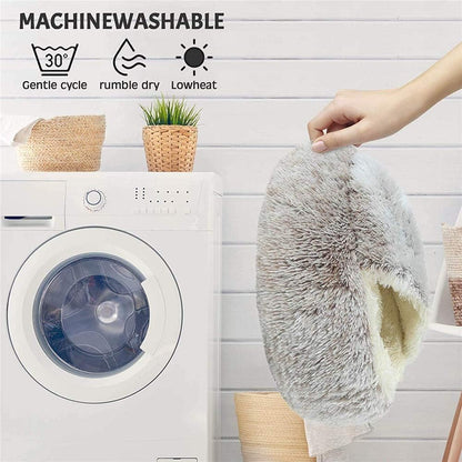 Lit Rond Moelleux pour Chat - en Peluche Douce - avec Capuche - pour l'hiver - Antidérapant - Lavable en Machin,Café,50 cm