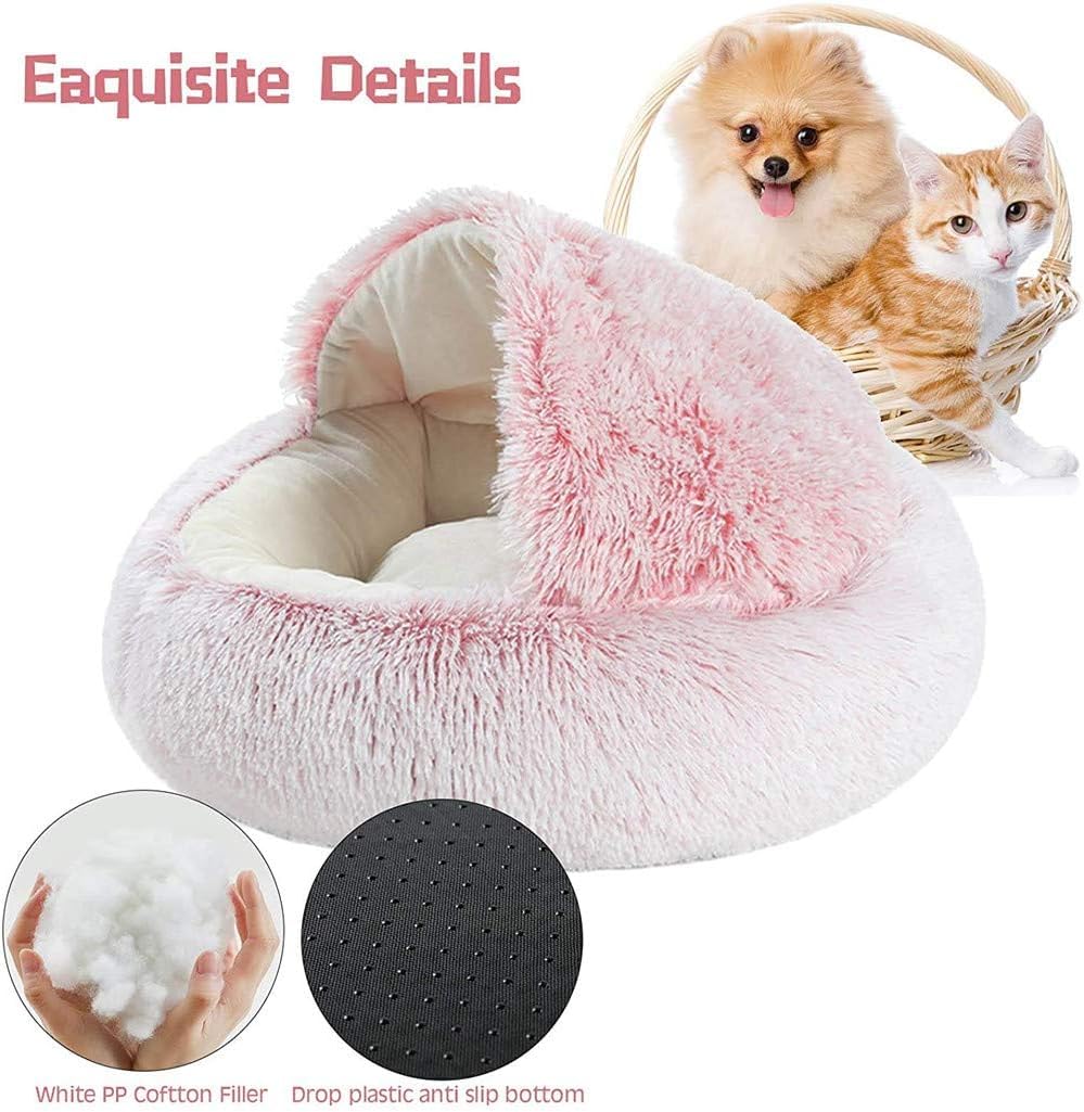 Lit Rond Moelleux pour Chat - en Peluche Douce - avec Capuche - pour l'hiver - Antidérapant - Lavable en Machin,Café,50 cm