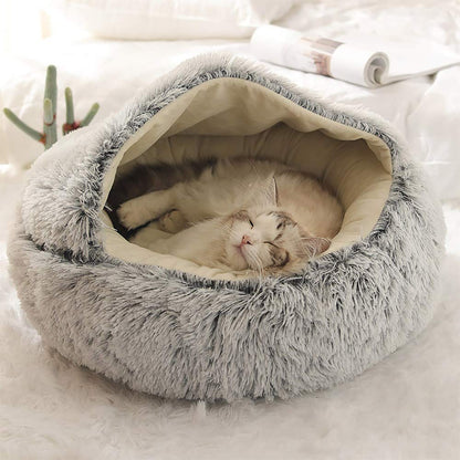 Lit Rond Moelleux pour Chat - en Peluche Douce - avec Capuche - pour l'hiver - Antidérapant - Lavable en Machin,Café,50 cm