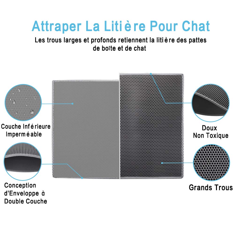 Pieviev Tapis Litière Chat, 61x38cm Tapis Sortie Bac Litiere Chat | Double Couche Alvéolée, Imperméable, Ramasse & Piège le Sable, Cat Litter Mat, Noir