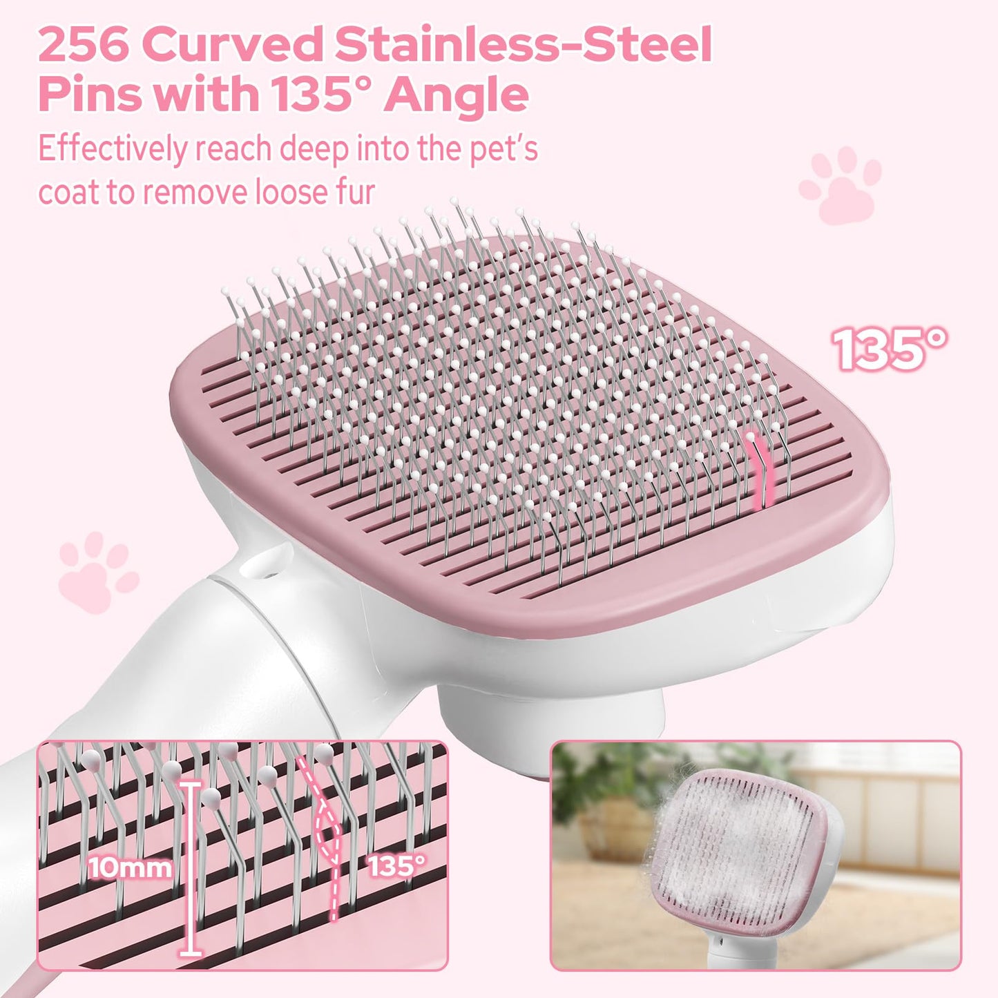 Zivacate Brosse Chat Brosse Chien, Idéale pour Poils Longs et Courts, Épilation en Un Clic, Autonettoyante, Élimine les Poils Morts, Manche Antidérapant, Accessoires Animaux - Rose-Blanc