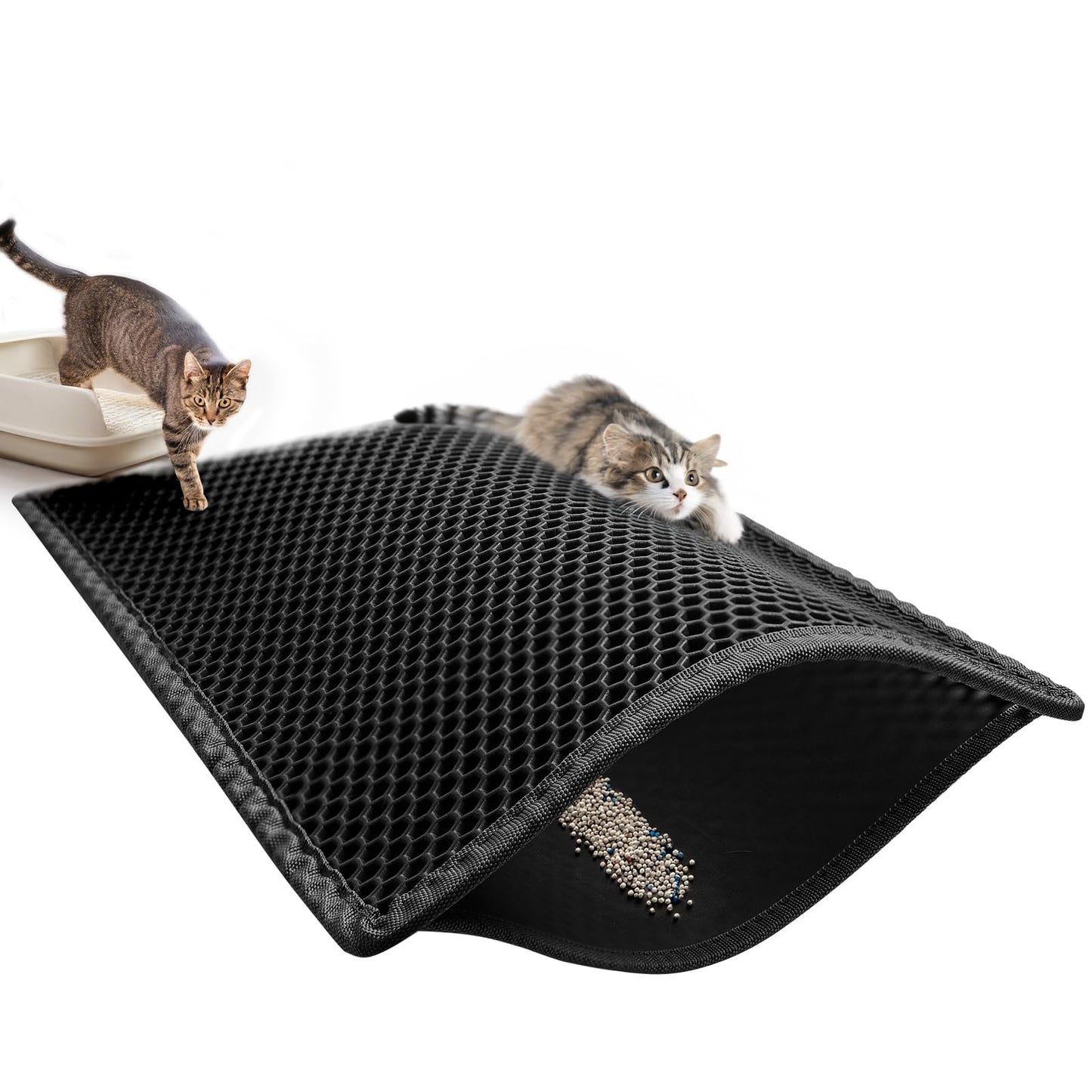 Pieviev Tapis Litière Chat, 61x38cm Tapis Sortie Bac Litiere Chat | Double Couche Alvéolée, Imperméable, Ramasse & Piège le Sable, Cat Litter Mat, Noir