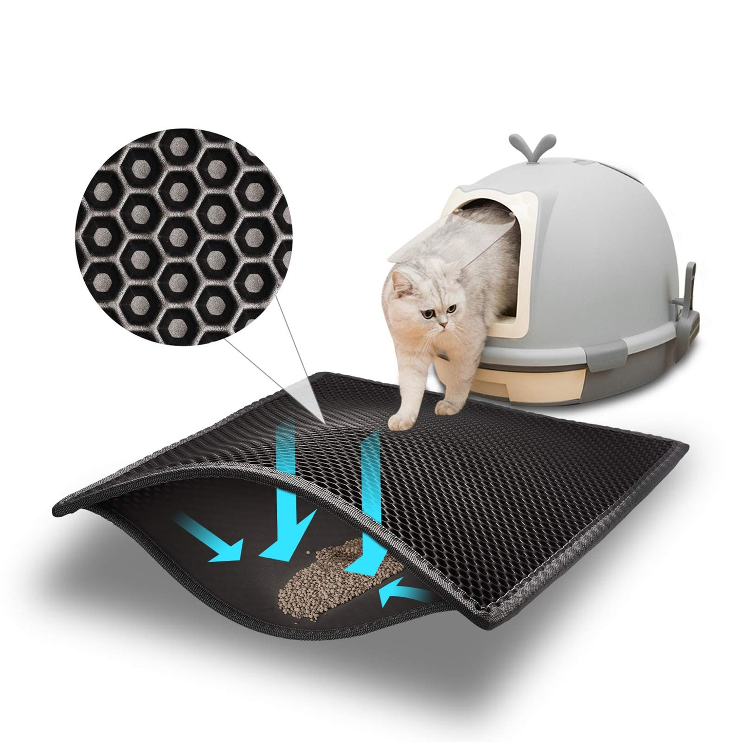Pieviev Tapis Litière Chat, 61x38cm Tapis Sortie Bac Litiere Chat | Double Couche Alvéolée, Imperméable, Ramasse & Piège le Sable, Cat Litter Mat, Noir