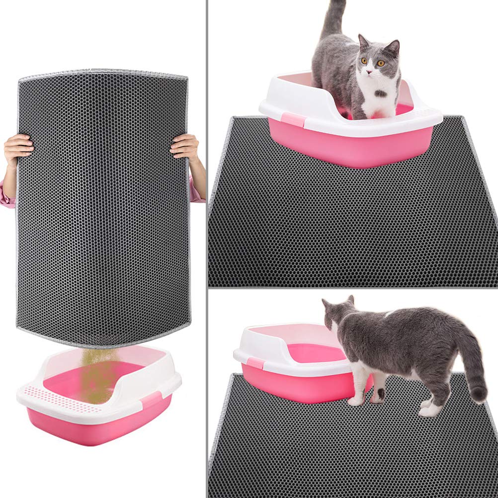 Pieviev Tapis Litière Chat, 61x38cm Tapis Sortie Bac Litiere Chat | Double Couche Alvéolée, Imperméable, Ramasse & Piège le Sable, Cat Litter Mat, Noir