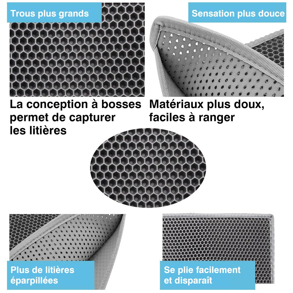Pieviev Tapis Litière Chat, 61x38cm Tapis Sortie Bac Litiere Chat | Double Couche Alvéolée, Imperméable, Ramasse & Piège le Sable, Cat Litter Mat, Noir